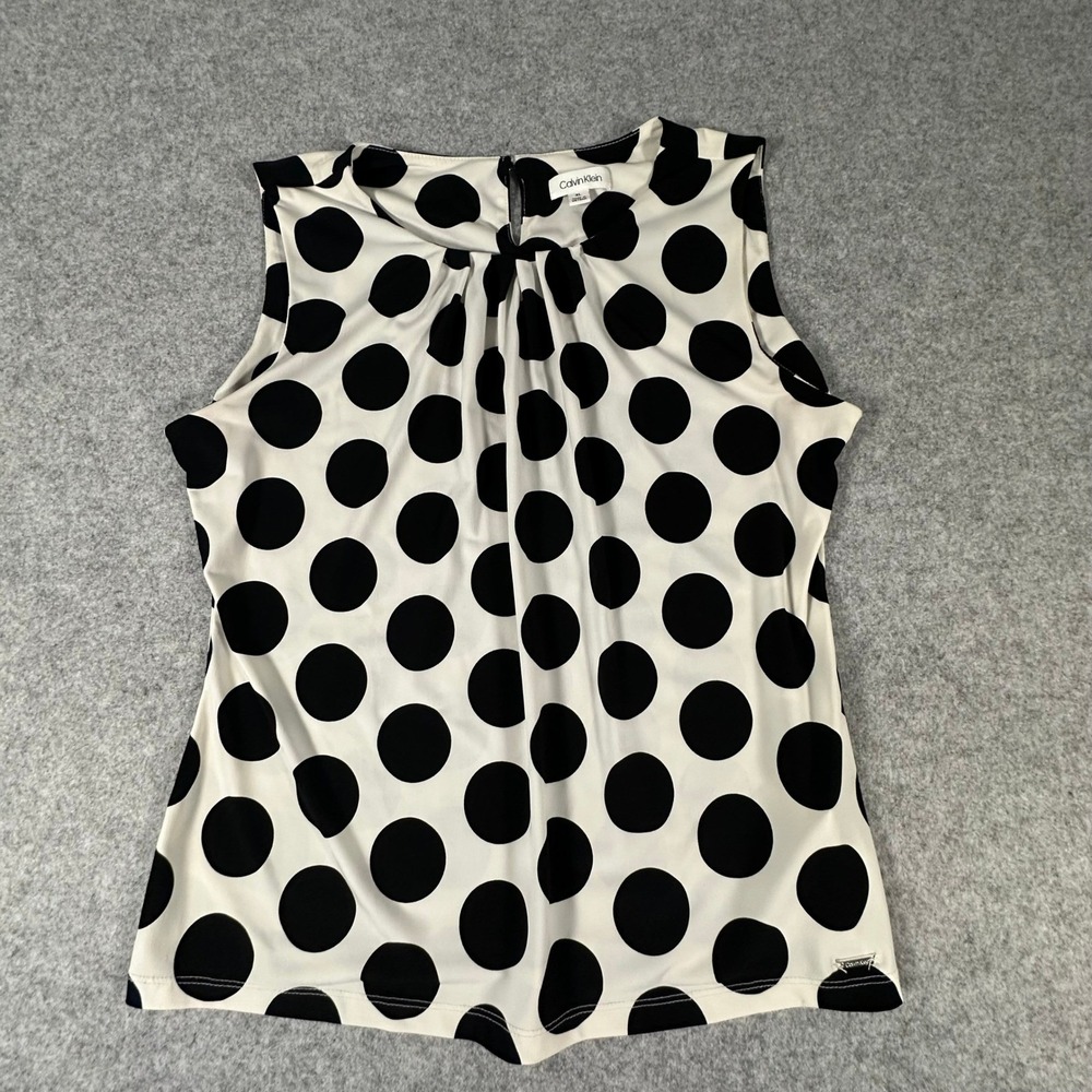 Calvin Klein Sleeveless Top Womens XL White Black Polka Dot Pleated Neck